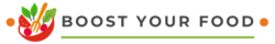 Logo avec, sur la gauche, une illustration d'un saladier contenant de la salade verte et des tomates cerise et sur la droite le nom 'Boost Your Food' en noir